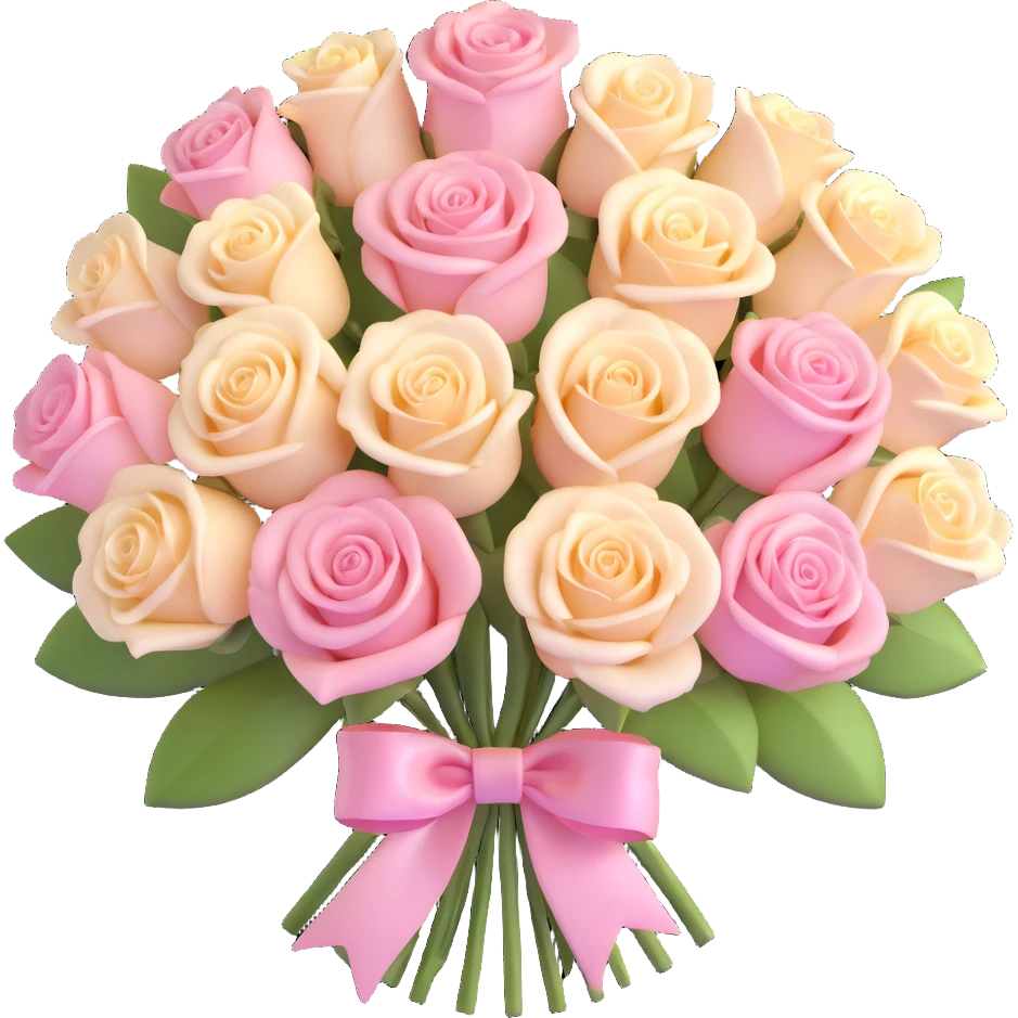 elegant rose bouquet with pink and cream roses, shiny and smooth, detailed petals, pastel wrapping, cute ribbon emoji