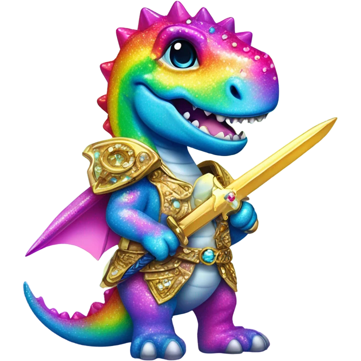 Lisa frank glitter rainbow cute dinosaur with sword and jewels emoji