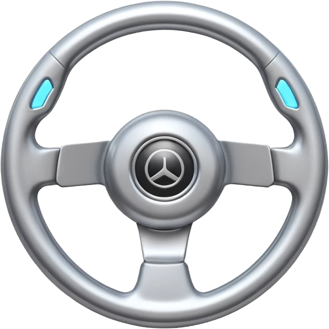 A futuristic steering wheel emoji made of silver chrome, minimal geometric design, smooth metallic surface, soft reflections, iOS emoji style, centered, clean white background emoji