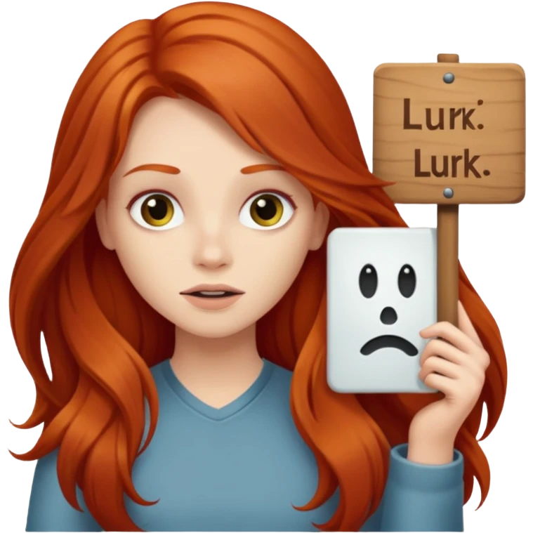 Long haired redhead holding a sign that says LURK emoji