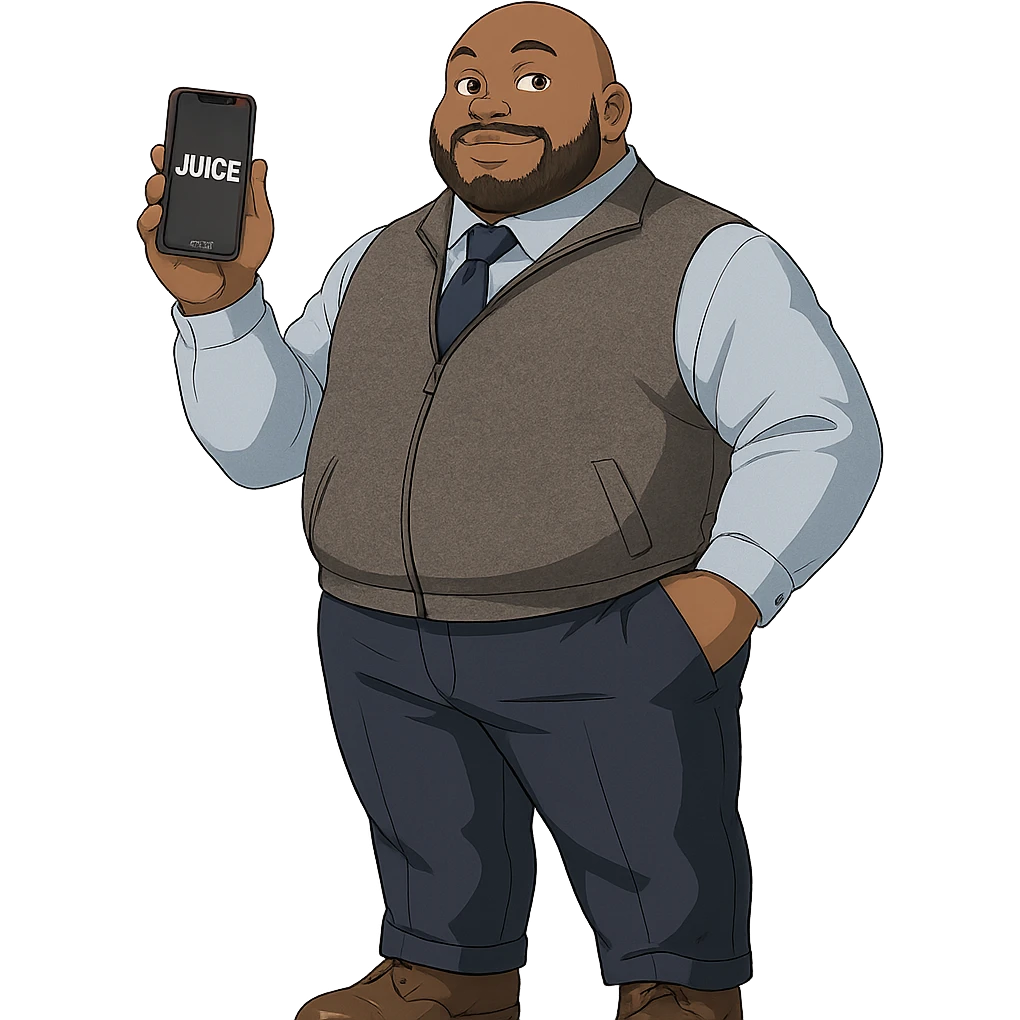 Transform this person into a Ghibli-inspired animated character (like Spirited Away), keeping his professional outfit but making him look extra stylish and confident. Add a Verizon phone in his hand with the word 'JUICE' on the screen. The overall style should be clean, polished, and professional, with a 'fly' vibe. Remove the background for a clean look. emoji