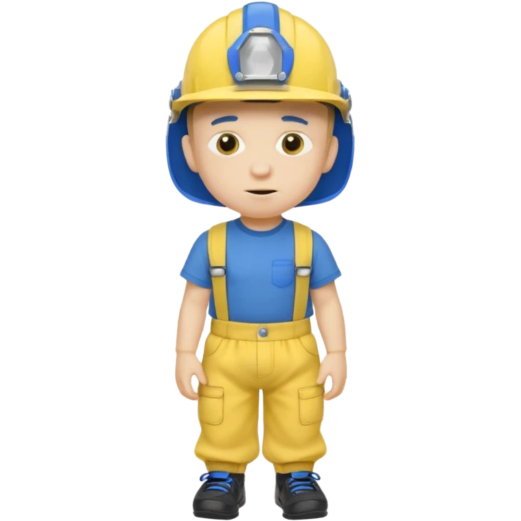 a character with a blue helmet,a pencil up his nose,a yellow shirt what says jeffy,and a nappy/diaper on the outside of hiv navy pants and black shoes emoji