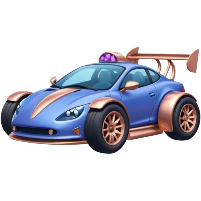 dark crystal blueberry and rosegold-accented cyber drift-racing car driven by a small cute relaxed chameleon with rear spoiler, roll bar, and wheely bar emoji