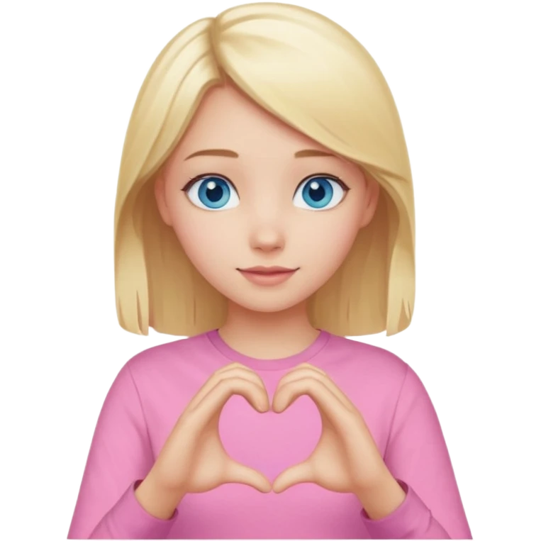 Realistic Blonde girl blue eyes, pink shirt, making heart sign with hands emoji