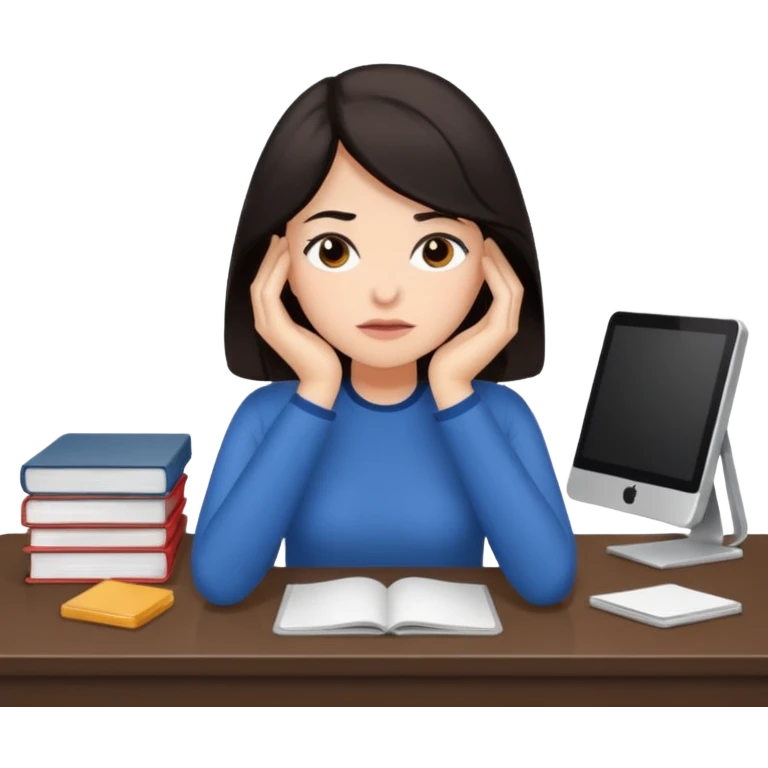  iOS emoji style - An overwhelmed woman sitting at a desk. She has dark hair. emoji