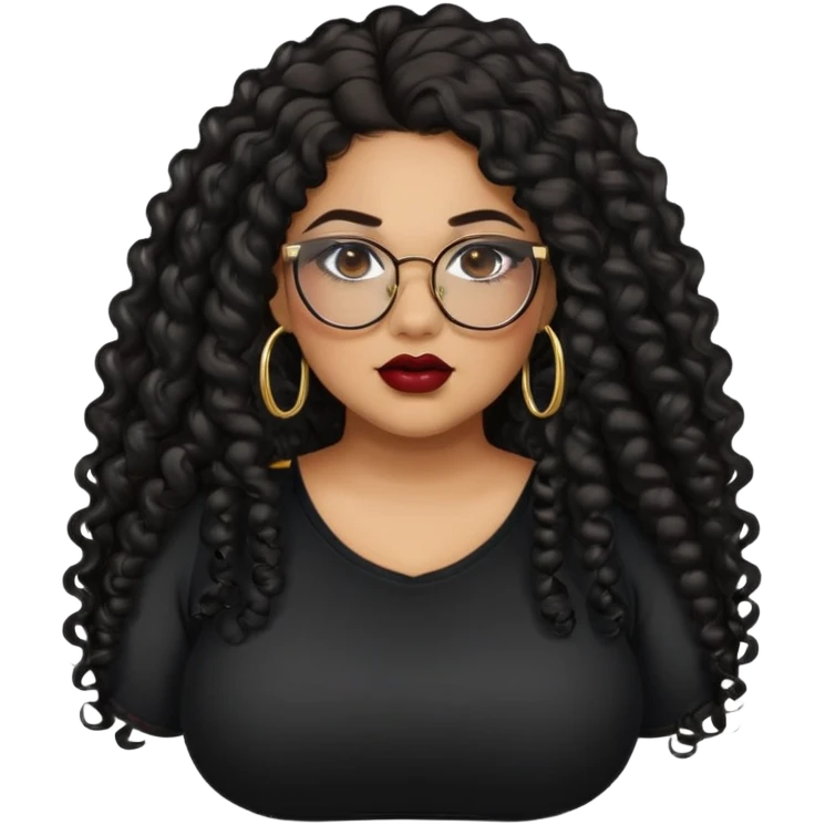teen big plus size, latina, darker tan skin, gold hoops, long black curly hair, baddie,pretty, makeup, dark red lipgloss, black eyeliner, long hair, black shirt, black glasses emoji