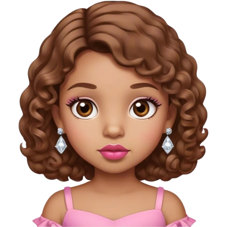 light brown skin tone, very adorable toddler, with big plump lips, long long lashes, brown curly bob, brown eyes, pink dress, diamond stud earrings emoji