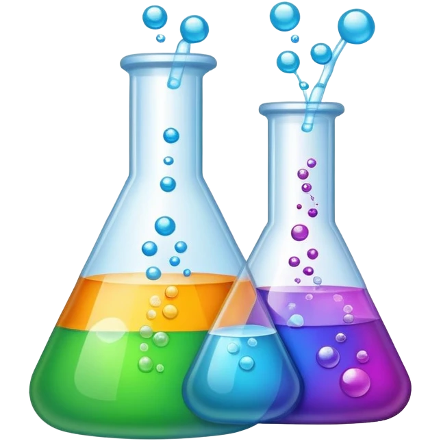 An icon featuring laboratory flasks with tubes, symbolizing chemistry. The design includes liquid and powder substances, a chemical reaction with bubbles, and molecular formulas, representing chemical processes like hydrolysis. Transparent background emoji