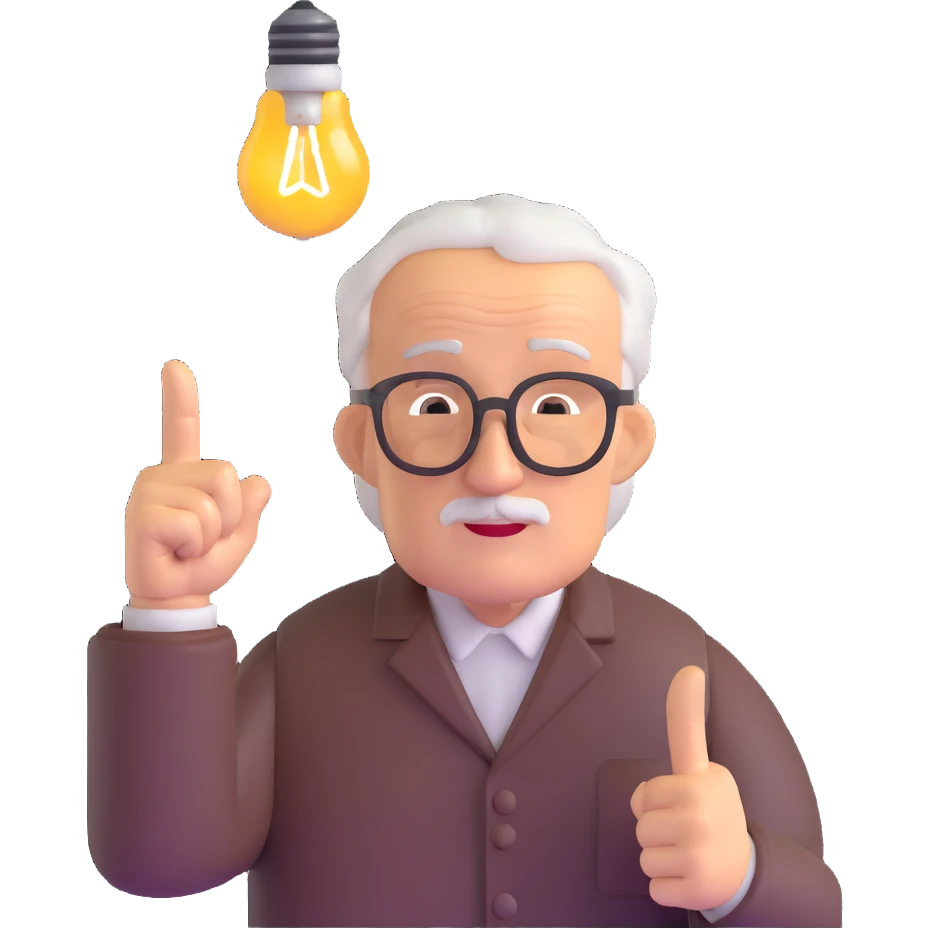 elderly man pointing his finger up at a light bulb, pretending that he has an idea emoji