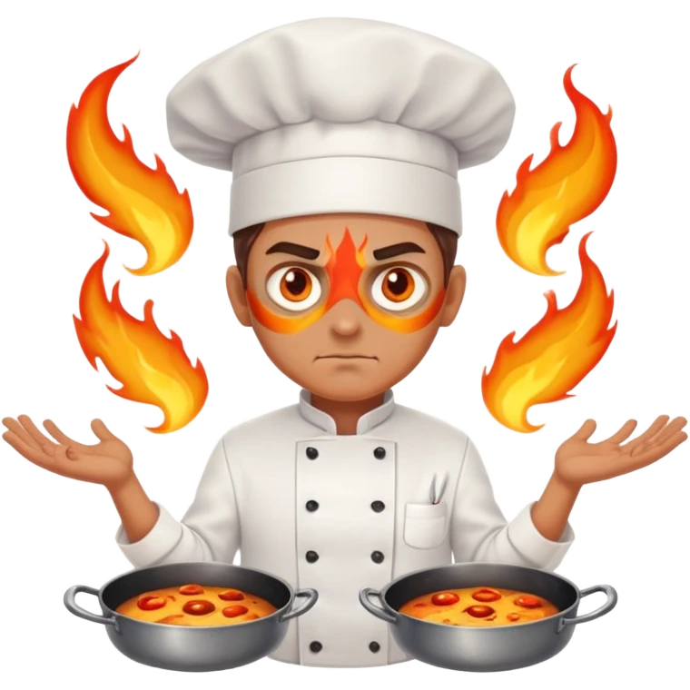 chef with intense flame eyes, crossing pans across chest in X formation emoji