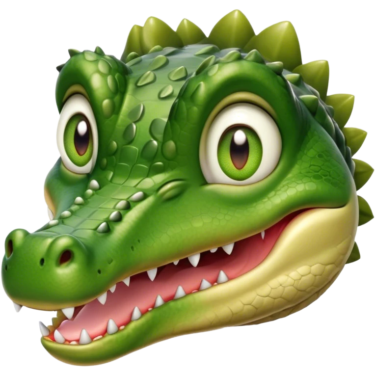 Cinematic Realistic Cute Crocodile Portrait Emoji, Head tilted playfully and inquisitively, featuring a robust, well-defined build with intricately detailed, glossy olive-green scales and a surprisingly endearing face with round, sparkling eyes full of unexpected charm, rendered with lifelike texture and natural highlights, high shine, affectionate and spirited, styled with a touch of wild whimsy, soft glowing outline, capturing the essence of a mischievous yet lovable crocodile that seems poised to snap playfully out of the screen into your arms! emoji