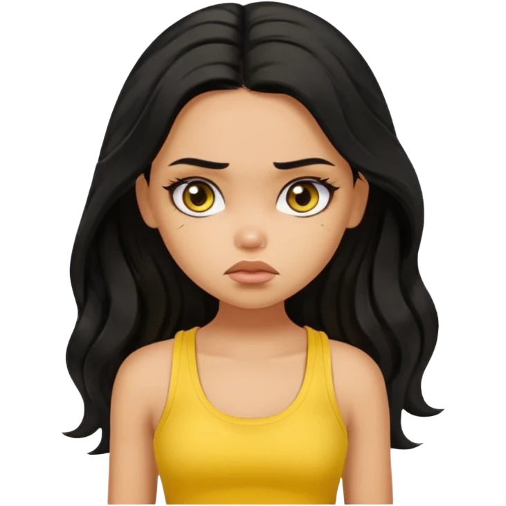 a pretty bratz girl with long wavy black hair, wearing a yellow tank top. looking sad emoji