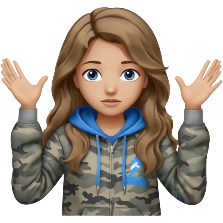 Girl with long wavy light brown hair, blue eyes , medium skin tone, wearing a gray camo hoodie  giving a I don’t know shoulder shrug with hands up emoji