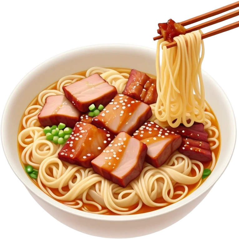 Cantonese Wonton Noodles with char siu pork, simplified emoji style with bold outlines and bright colors, cartoon style Hong Kong style thin egg noodles emoji