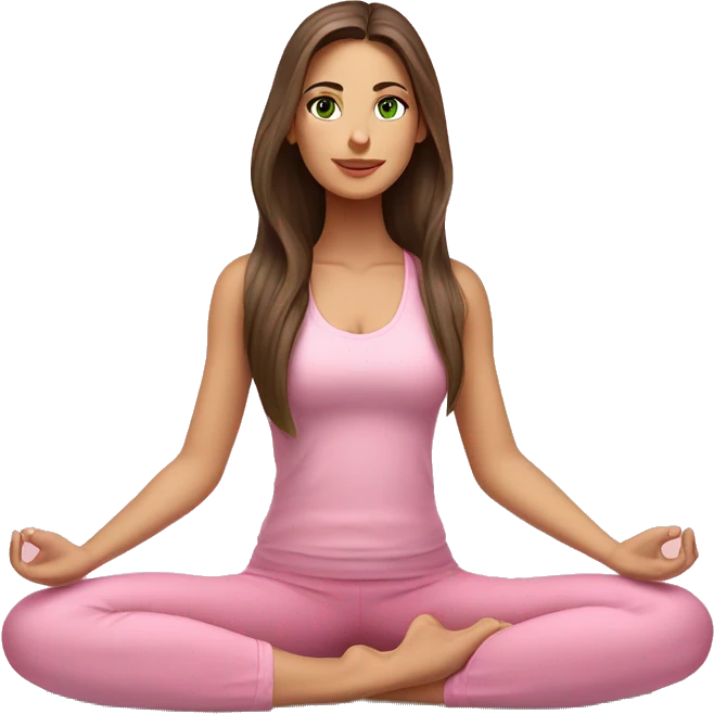 Brunette long hair and green eyes yoga beautiful girl in light pink pink pink clothes sitting on a yoga mat emoji