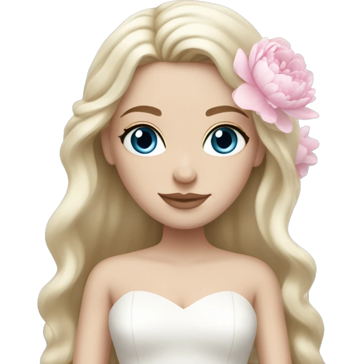 White bride with long light blonde hair and blue eyes with light pink peonies in hair white skin  emoji