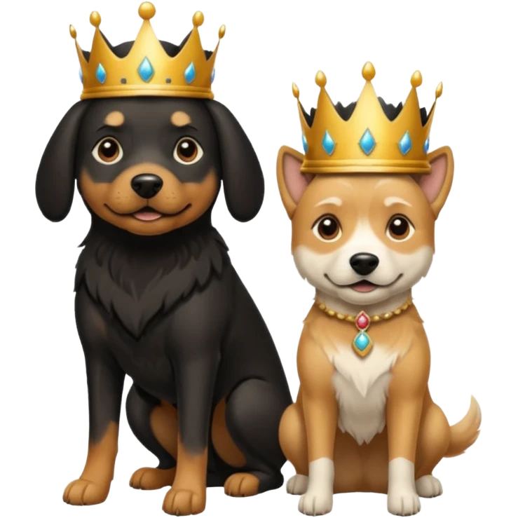 Tan older dog stepping on black younger dog and the older dog has a crown on his head emoji