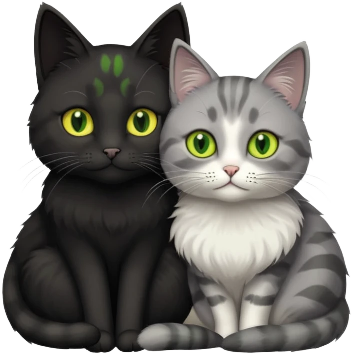 1 grey cat with green eyes and 1 black with yellow/green eyes cat cuddling emoji