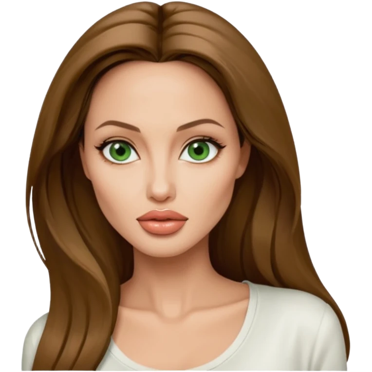 Angelina jolie , fashion model Beautiful woman model adult   large breasts  with monolid narrow green  eyes tan skin, full lips  long hair model white  top   emoji