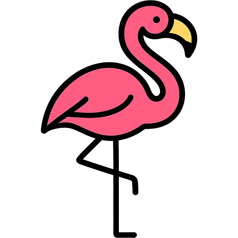 A pink flamingo standing on one long thin leg with its other leg tucked up. The bird has a graceful curved neck and distinctive hooked beak. emoji