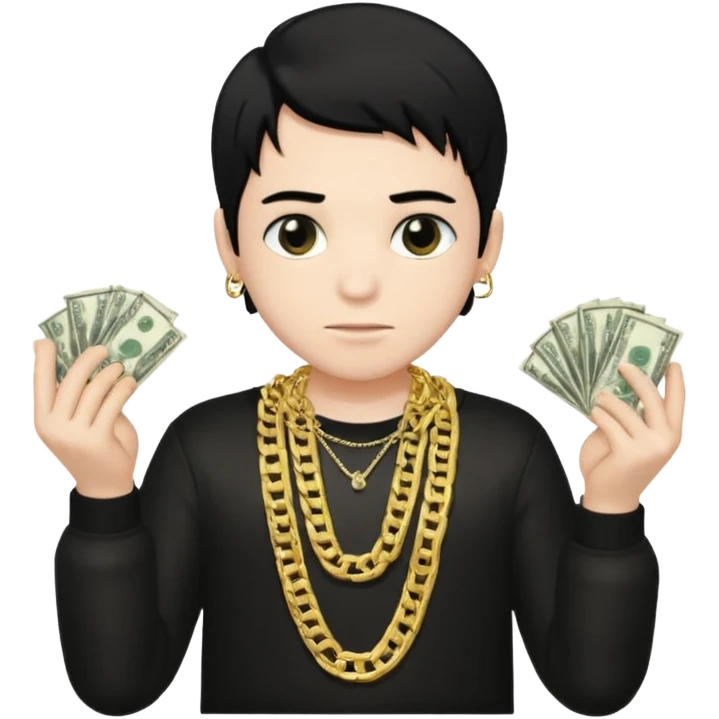 Has un chico con mucha plata en sus manos y en su alrededor, Con una cadena que diga "JovenBallin" y que tenga pelo negro y sea piel blanca emoji