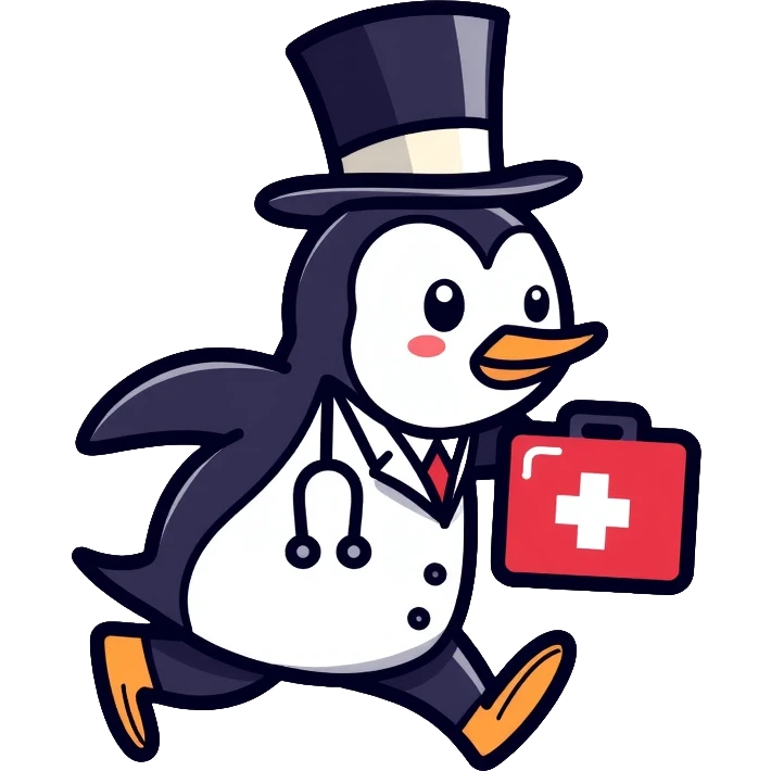 Side view of a penguin doctor running, wearing a top hat, holding a medical box with a red cross emoji