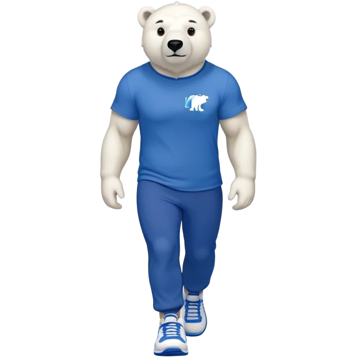 muscular friendly anthropomorphised polar bear walking confidently, wearing a royal blue t-shirt, black pants, and white trainers emoji
