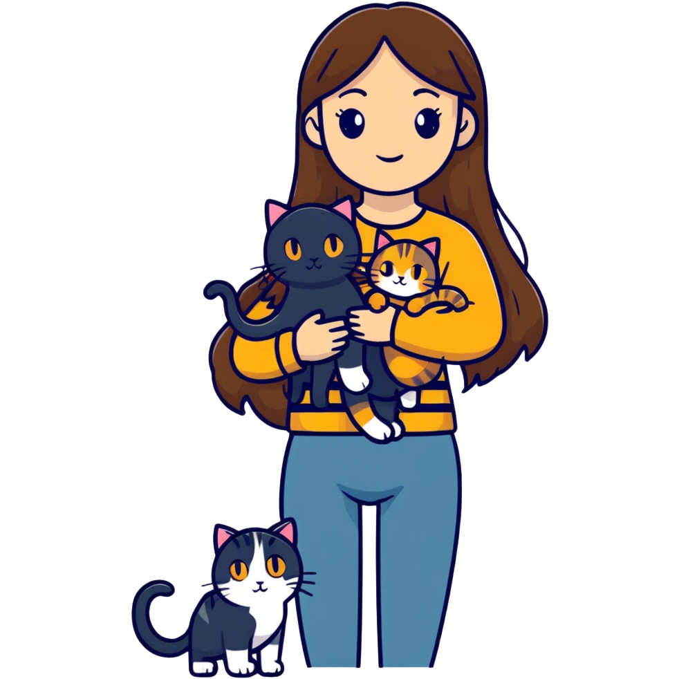 tan girl with long brown hair holding two cats, one black cat and one grey-striped cat emoji