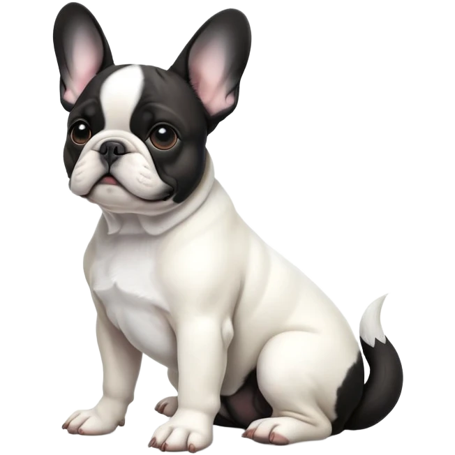cinematic-[french bulldog]-realistic-full-body-sitting-emoji,-tail-resting-loosely-beside-its-paws,-head-tilted-dramatically,-sleek-[black ant whitepied]-fur,-simplified-yet-realistic-focused-features,-highly-detailed,-glowing-with-an-almost-sarcastic-glow emoji