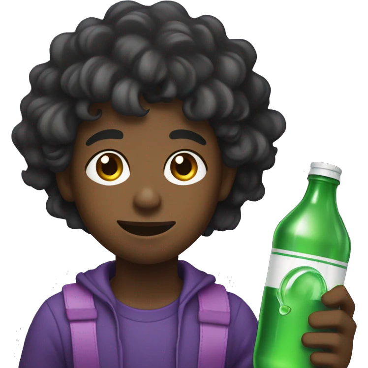 Black kid with wavy hair holding sprite bottle with purple drink in it emoji