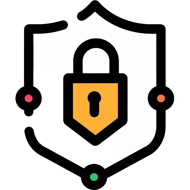 A secure network logo with shield and digital network nodes emoji
