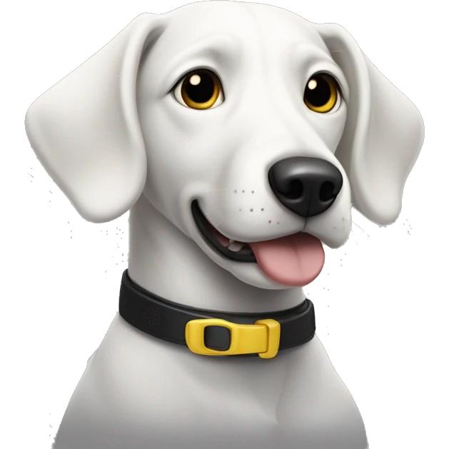 Black and white dog with one slightly floppy ear, and one year higher. She has a yellow collar with a round tag. Her mouth is closed. emoji