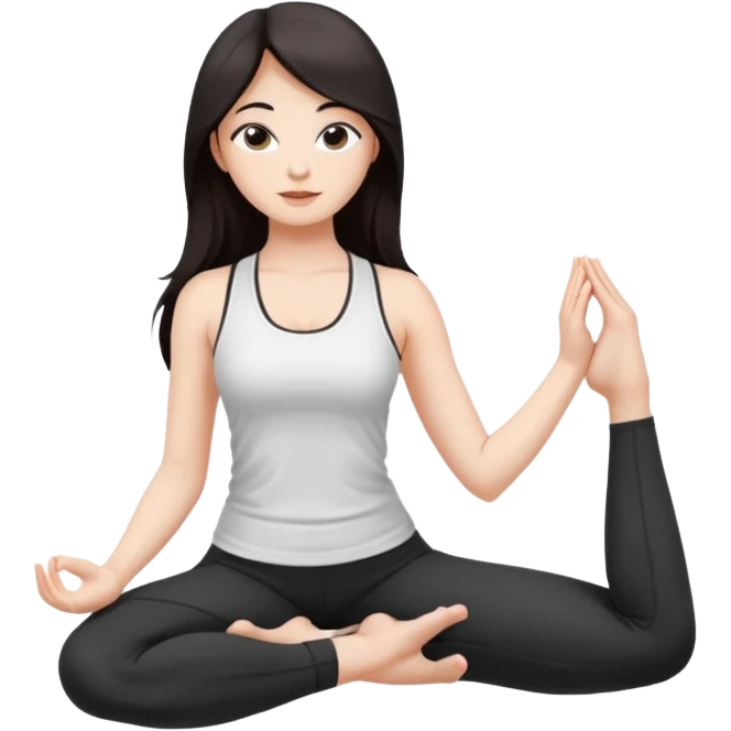 Девушка белокожая, с длинными темными волосами, в одежде для йоги - черные лосины, белый топ, сидит в позе йоги, правильные пропорции тела, только человек emoji