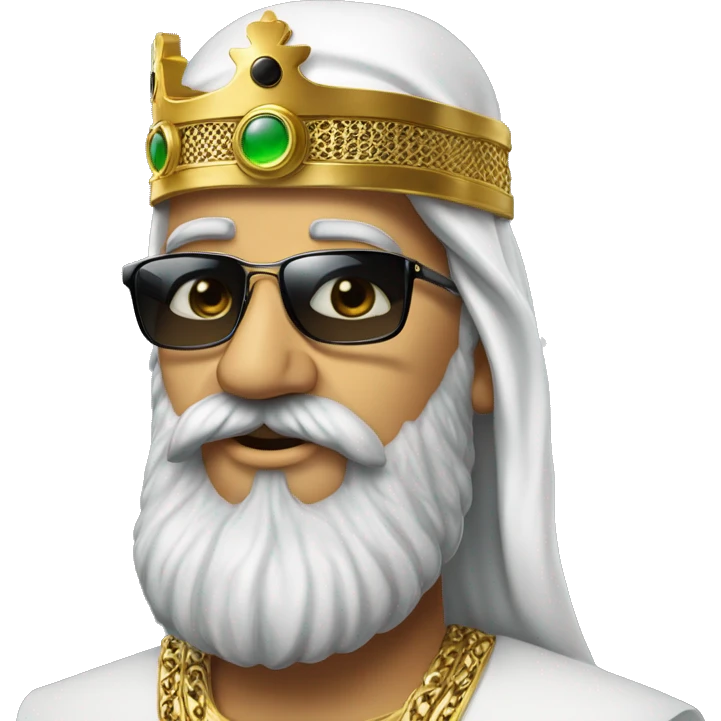 A man in an arafat with a large black beard and large square sunglasses, wearing a golden crown on top of the arafat emoji