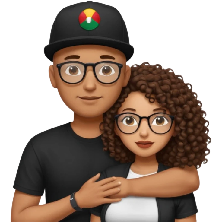 A picture of a tanned couple embracing. the guy is Mexican, with a bald hair cut and he has a SnapBack hat on. The girl is mixed, the girl is wearing a black shirt, the girl has brown curly big hair and the girl has big boobs and the girl wears glasses  emoji