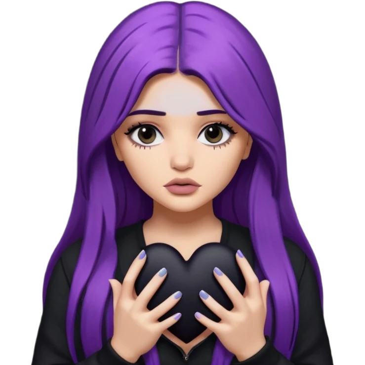 A Kylie Jenner with long purple hair is sad and holds a black heart in her hands emoji
