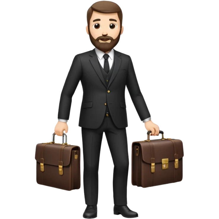 A handsome man, 40+ years old, with a thick beard in a black suit, fair skin, short stylish haircut, full-length photo, wearing an expensive watch, unusual pose, holding a briefcase emoji