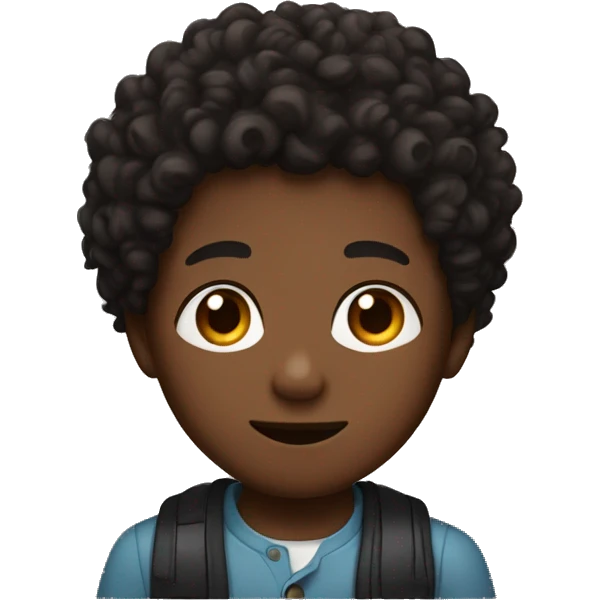 black boy with brown curly hair black button eyes and a black coar emoji