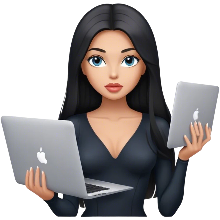 Glamours, tanned, very beautiful girl, with big pump peach-beige-rose lips, black straight smooth silky long hair, straight parting, blue-grey eyes, in black bodysuit holding MacBook emoji