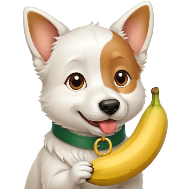 A cute all white silly dog with dark green collar brown eyes holding a banana in it’s mouth emoji