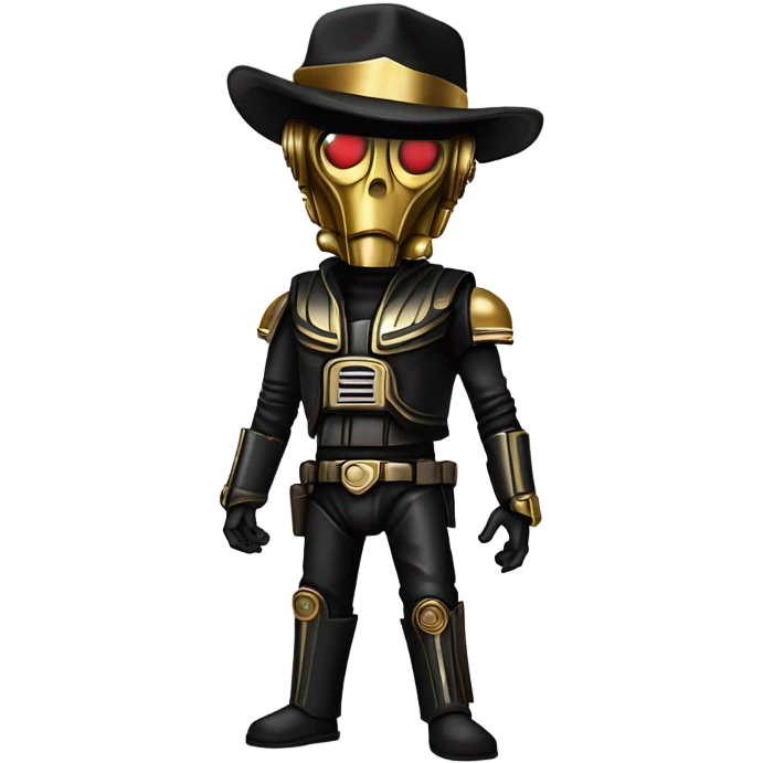 battle rough and tough bounty hunter c3Po wearing Satan’s leather outfit with guns and flat-brimmed hat on head. walking emoji