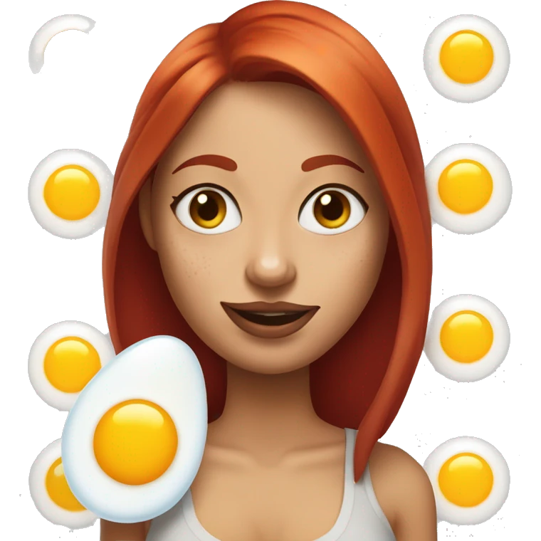 Woman with red hair, nose piercing, blue eyes and arm tattoos holding fried eggs emoji