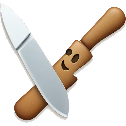 a friendly smiling emoji face holding a small kitchen knife, cartoon style.” emoji