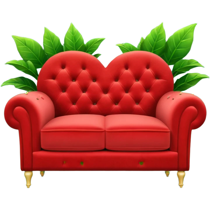 swanky red velvet loveseat with a mic in front, plant in back, and sparkles emoji