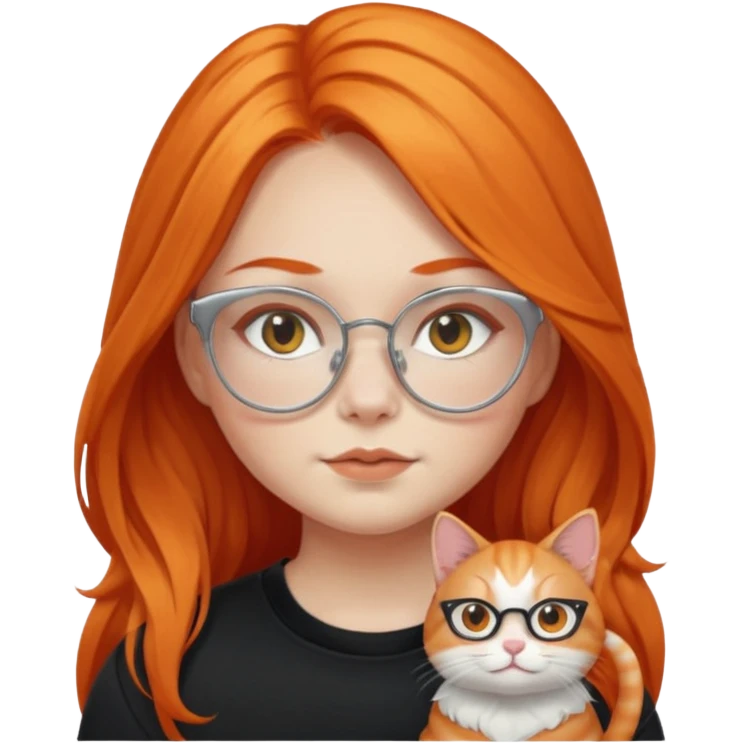 girl with chubby cheeks, very long orange hair, and silver cat eye glasses. Black clothes emoji