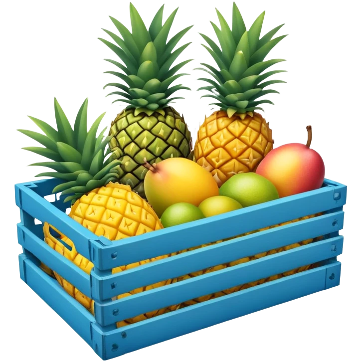 pineapples, mango and passion fruit in a blue crate emoji