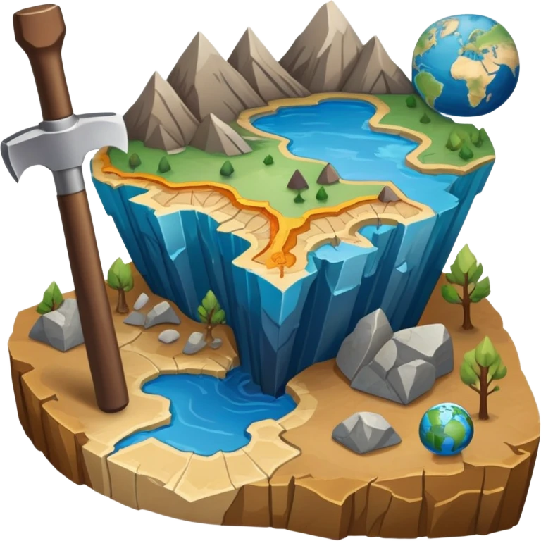 An icon featuring a pickaxe and a geological map, and layers of Earth’s crust, symbolizing geology. The design includes mineral samples, fossils, and tectonic plates, representing the study of Earth’s structure and natural processes. Transparent background highlights geological exploration emoji