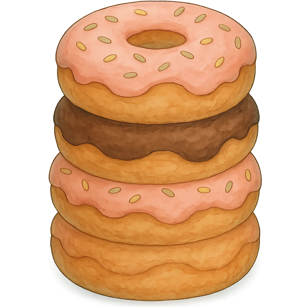 A stack of donuts in Ghibli style, detailed, with soft blue colors, no background. emoji