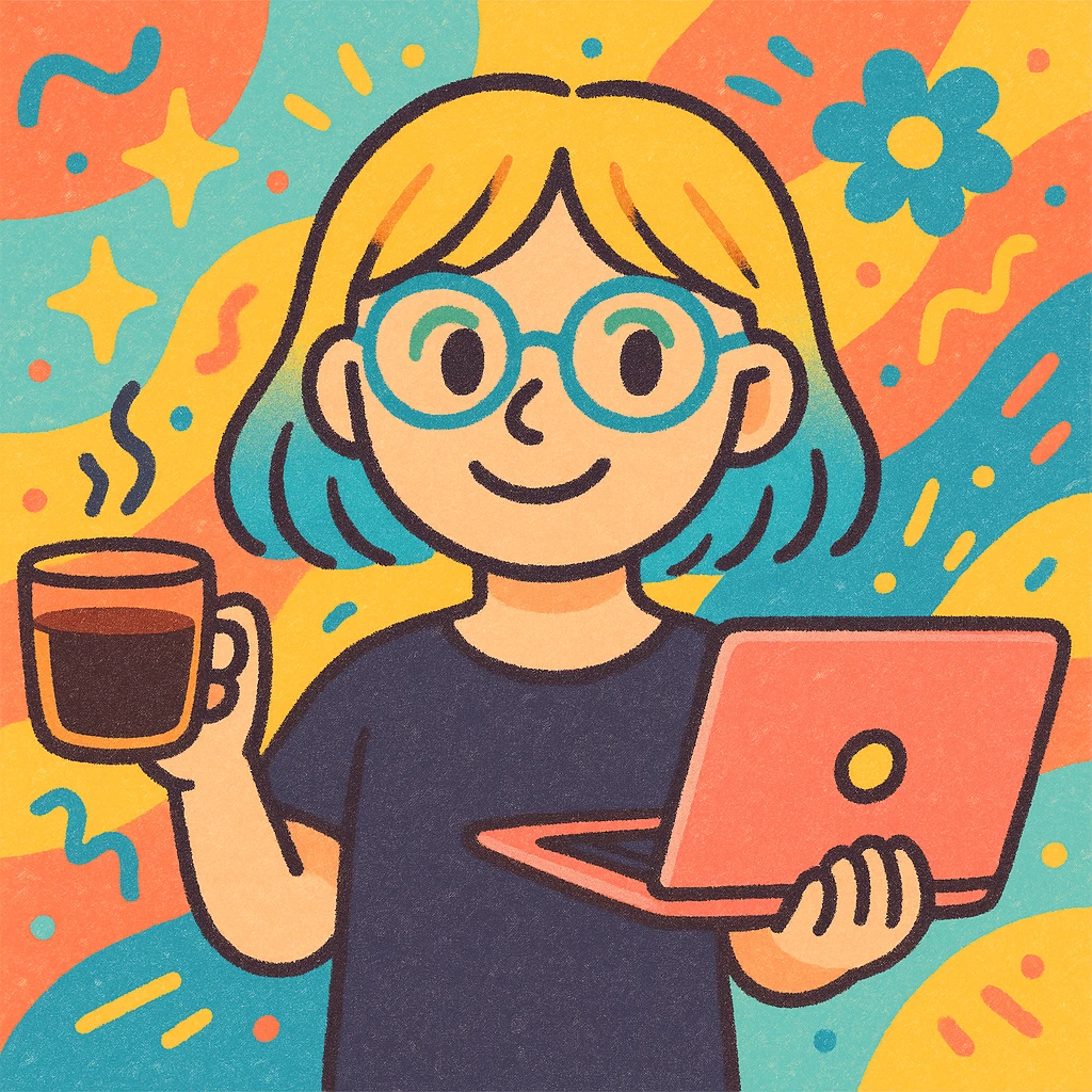 A girl with blonde hair and blue hair wearing glasses holds a laptop and a glass of coffee with a background emoji