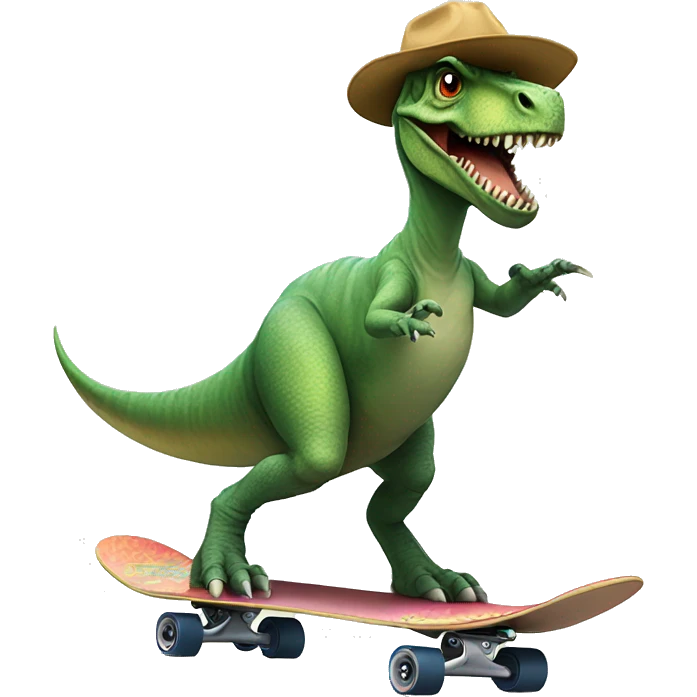 Dinosaur riding skateboard with cool hat emoji
